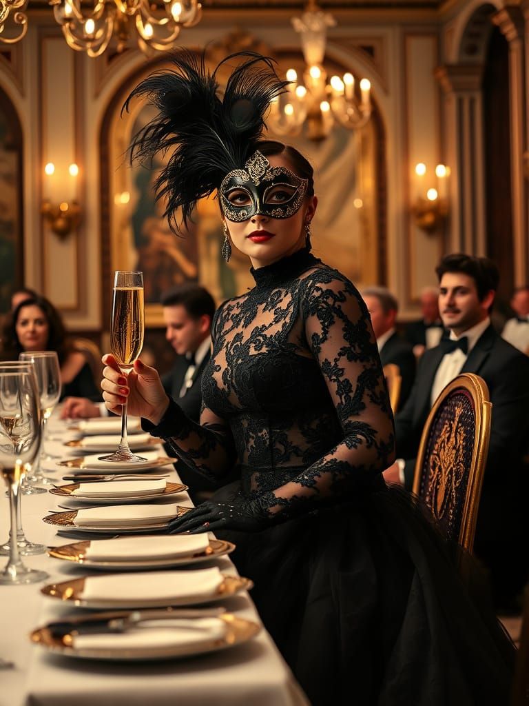 Woman in Mask at Lavish Baroque Dinner