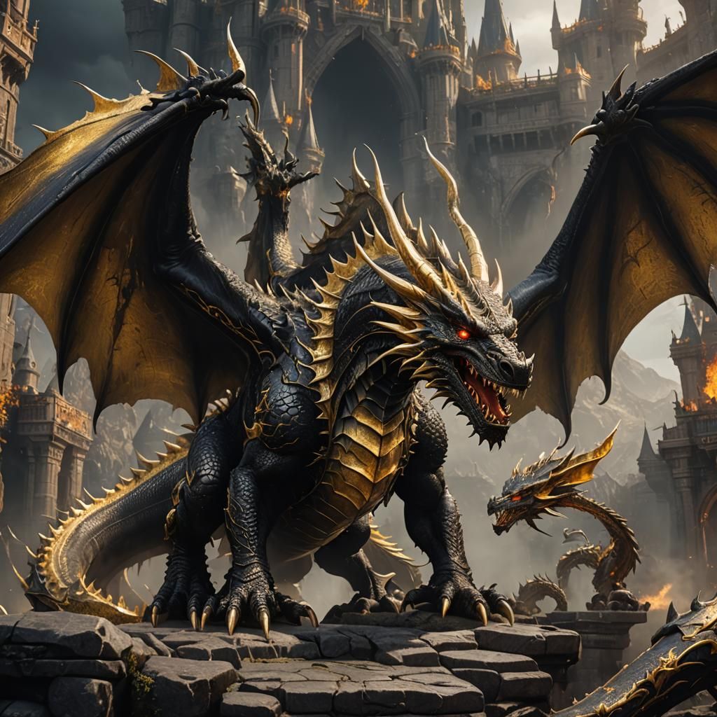 Giant Gold and Black Dragon Fantasy Concept Art