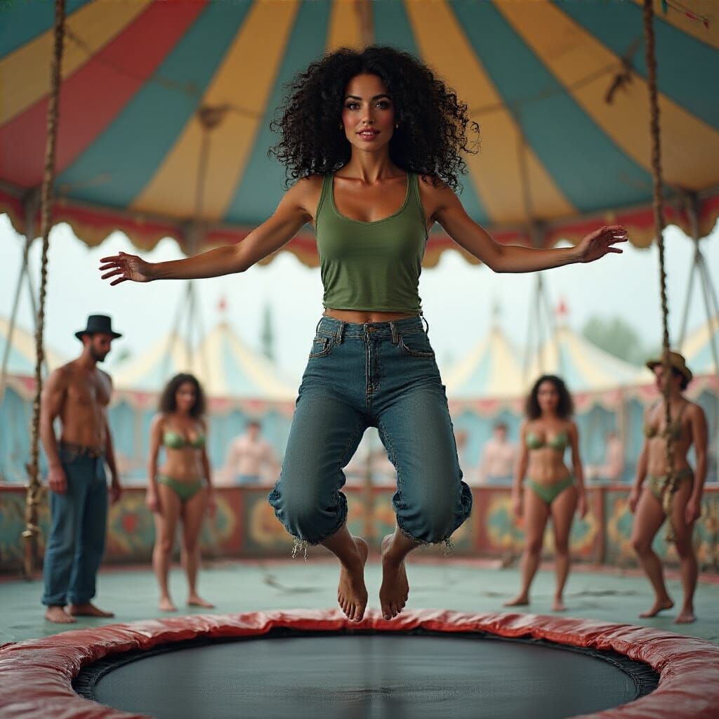 Woman Jumps on Trampoline in Circus Tent