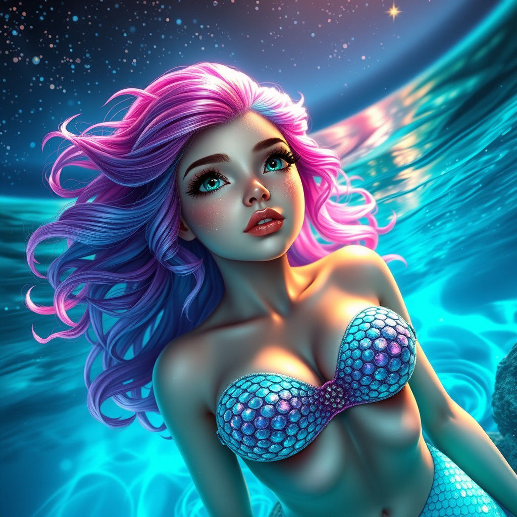 Mystical Mermaid with Bioluminescent Ocean, Fantasy Art