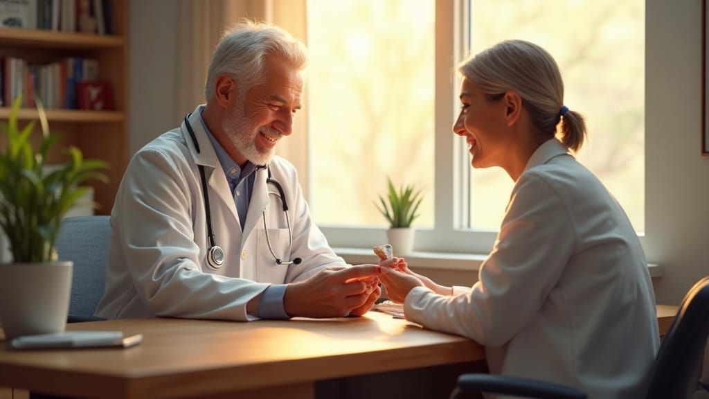 Doctor Hands Medication in Sunlit Office, Fantasy Art
