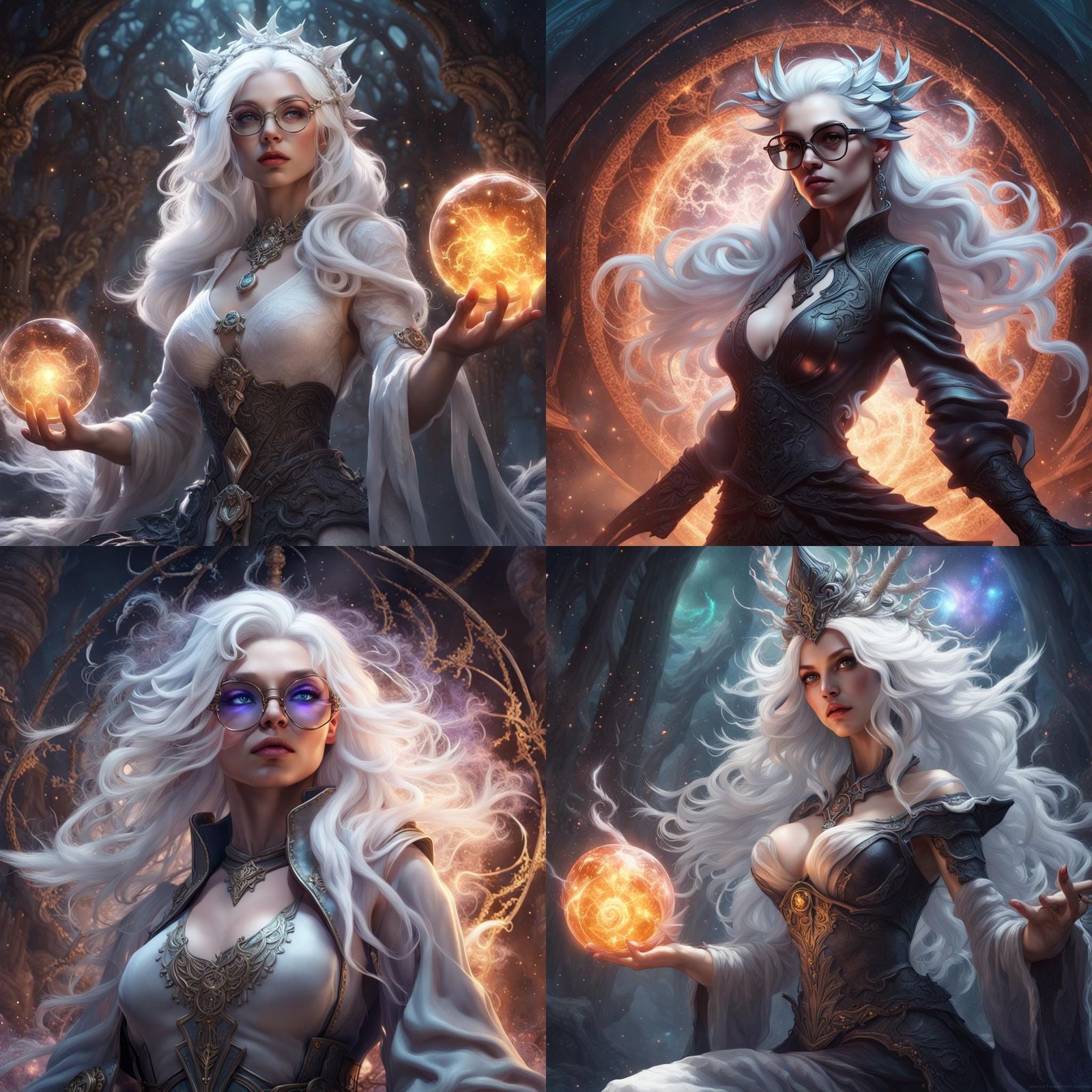 baby witch goddess with white hair and glasses in a crystall...