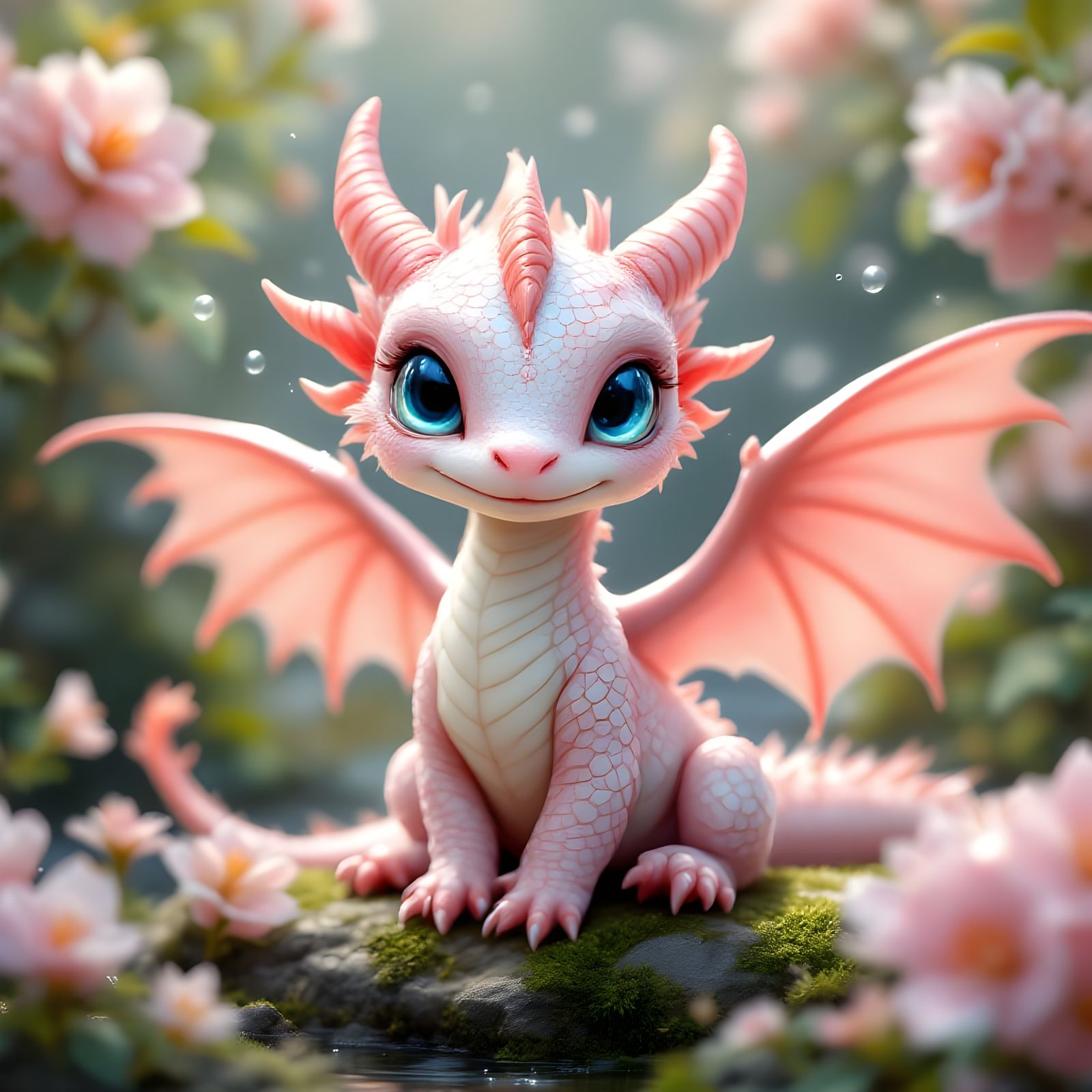 Cute Pink Dragon in Fantasy Flower Garden