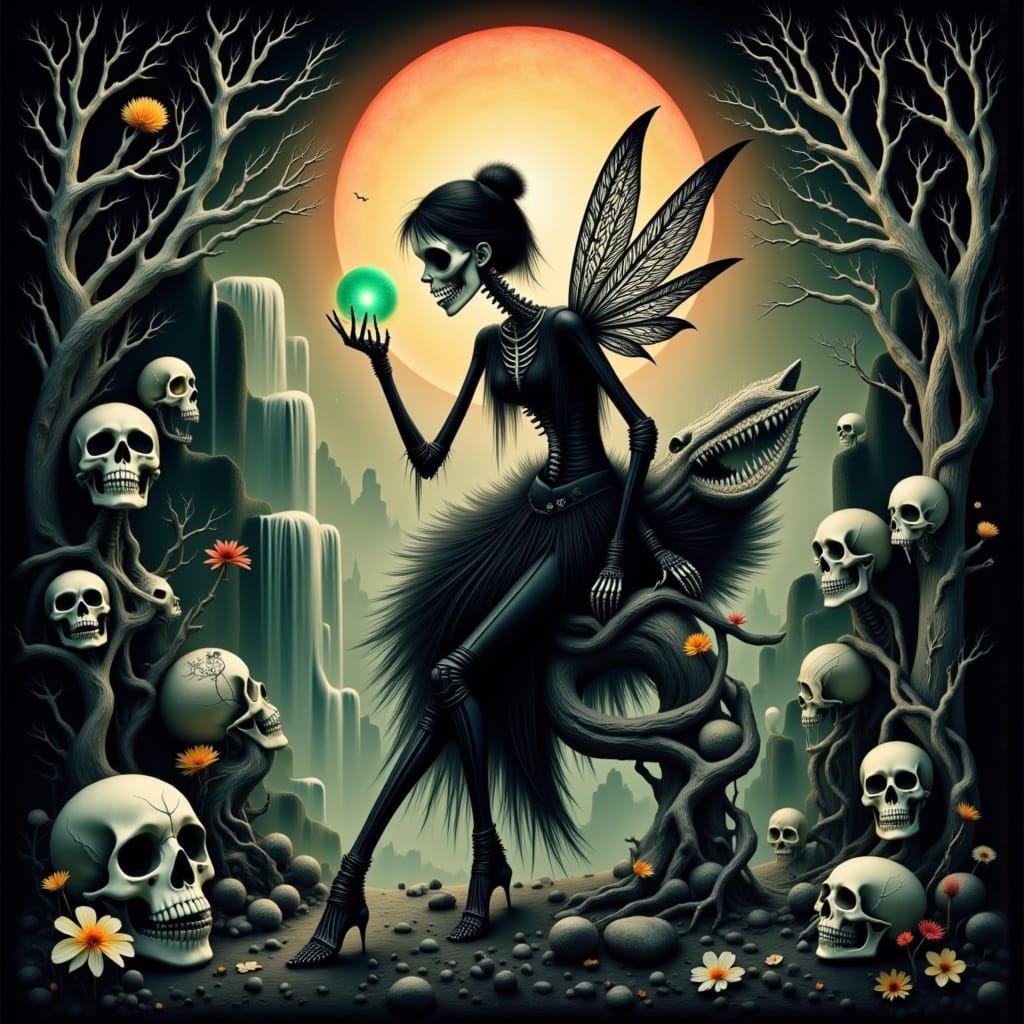 Skeletal Fairy with Glowing Orb on Sugar Skull