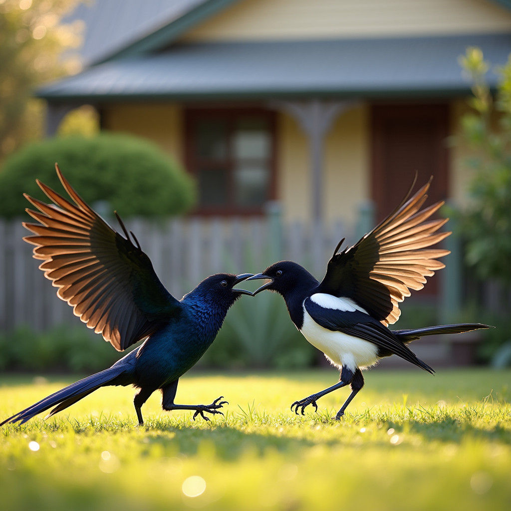 Australian Magpie and Magpie-Lark Fight: Sharp Photo