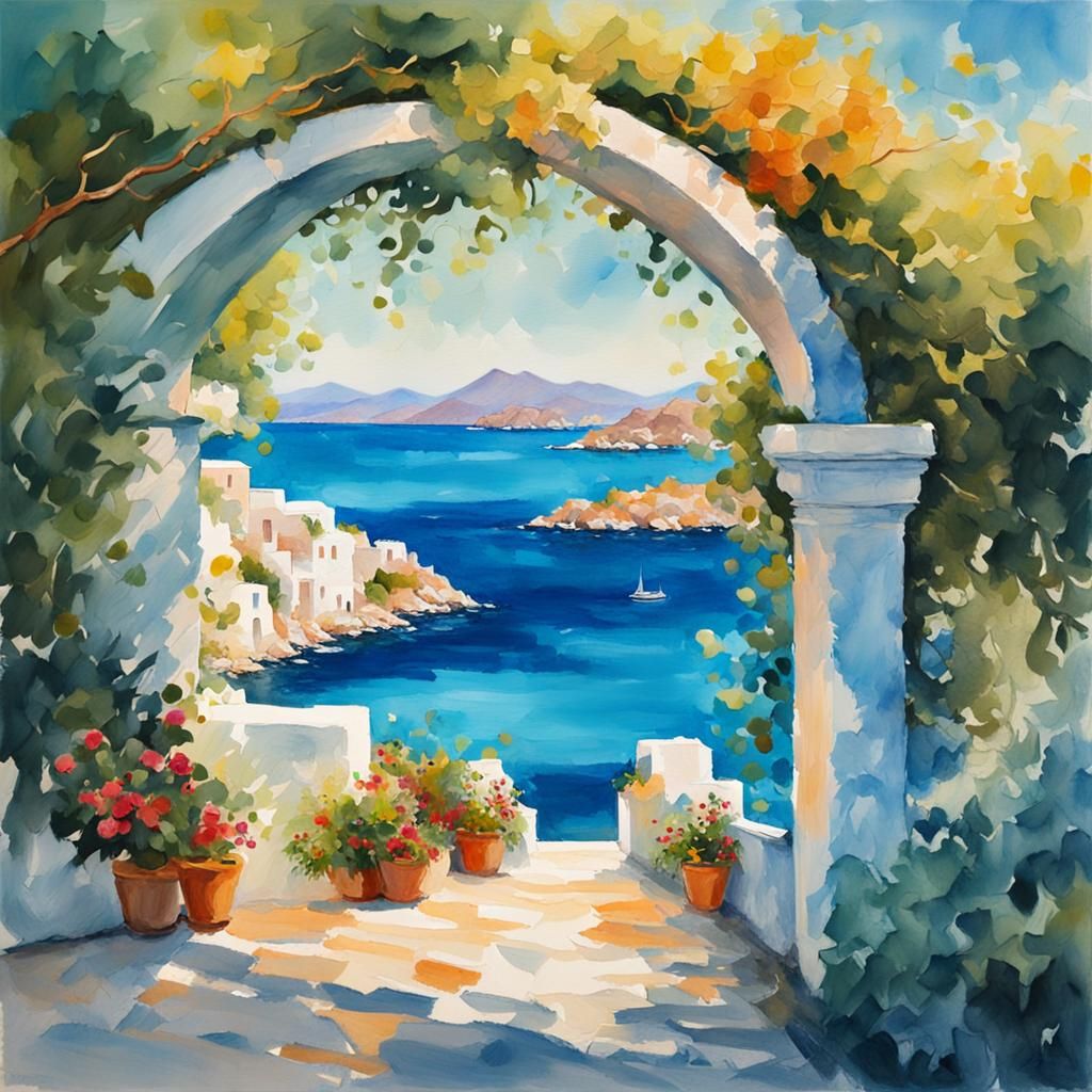 Greek Island in Gouache Style Impressionist Painting