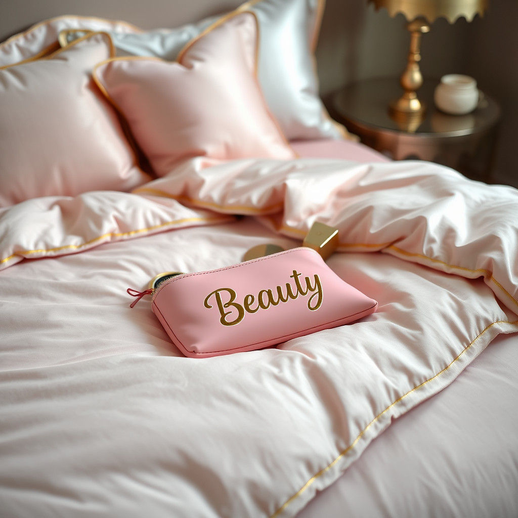 Pastel Bedroom Scene with Pink Makeup Bag