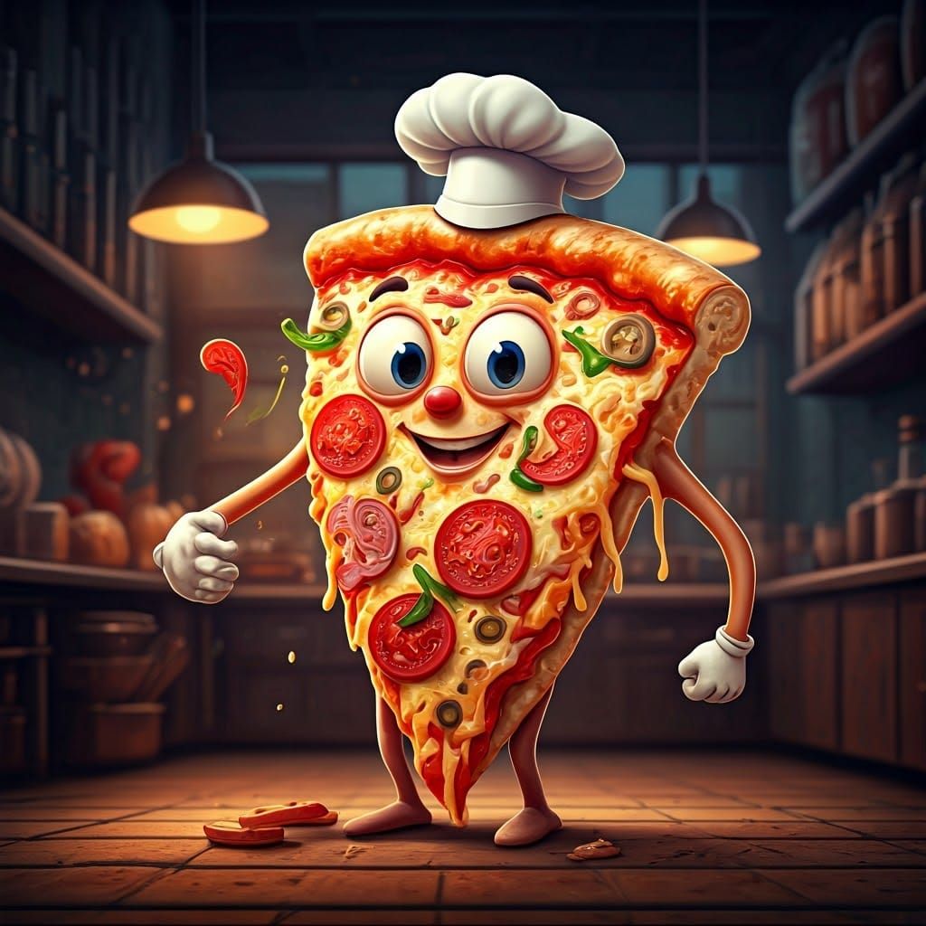Sentient Pizza Slice Chef in Vibrant Digital Painting