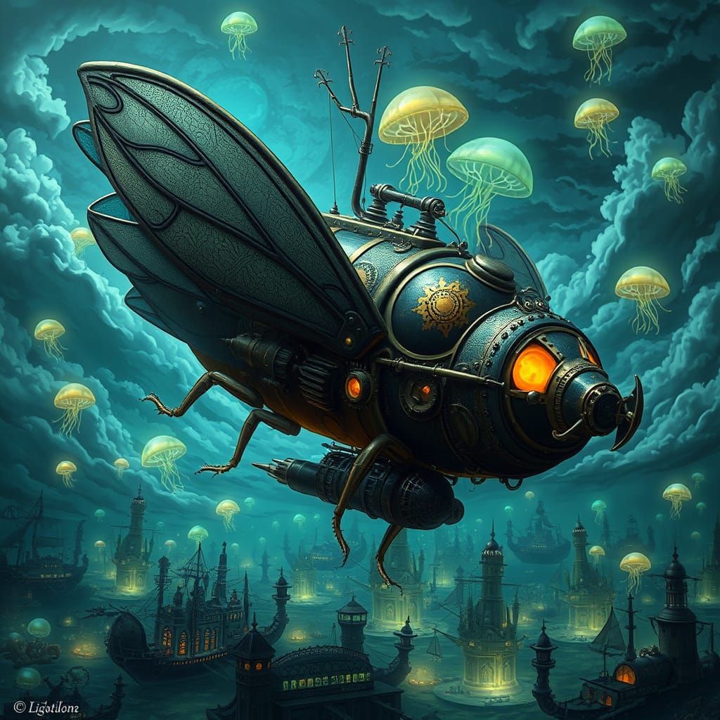 Steampunk Scarab Airship Over Sunken City