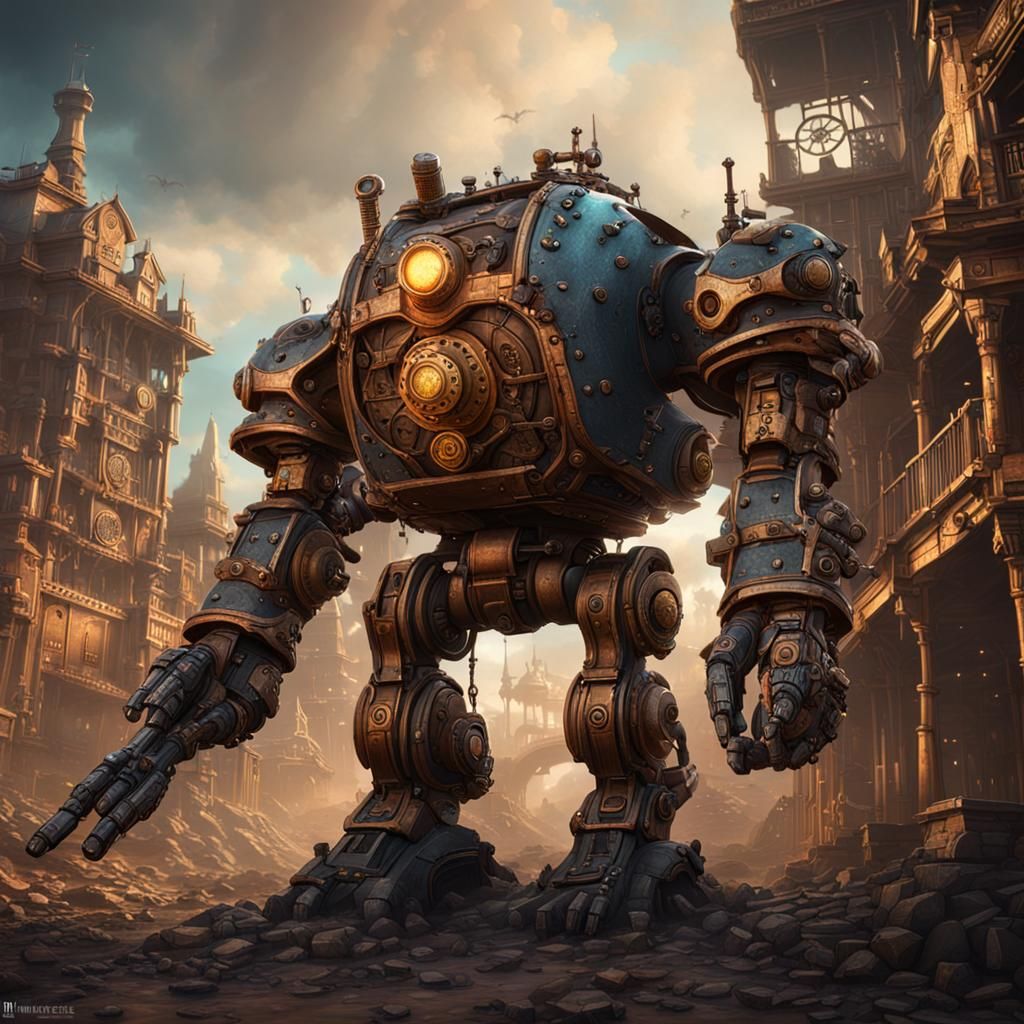 Steampunk Gunslinger Golem in Detailed Matte Painting