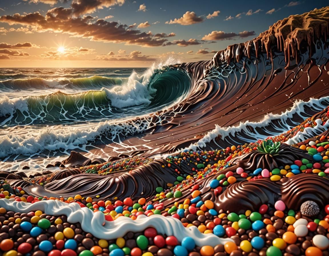 Hyperrealistic Candy and Chocolate Seaside Landscape