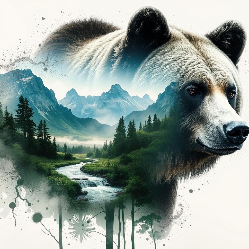 Bear with Mountain Double Exposure in Mixed Media Style