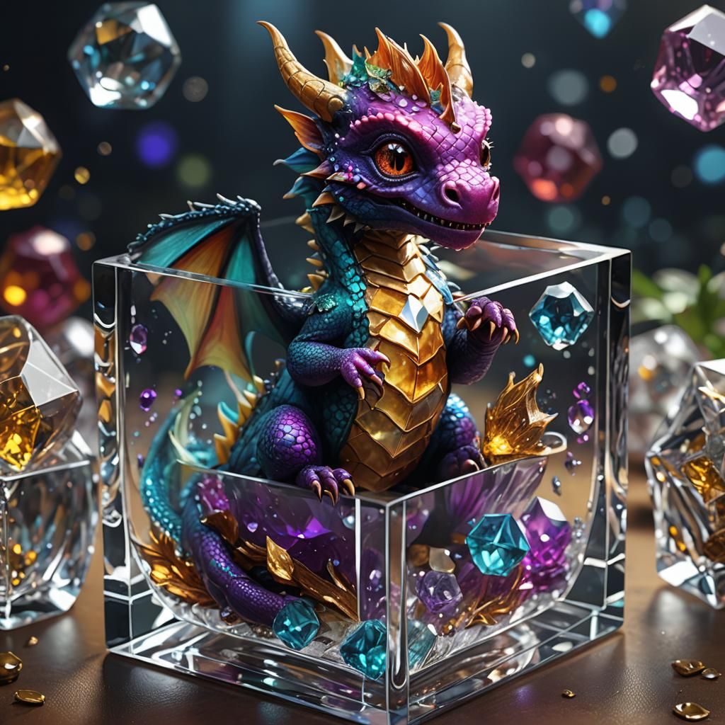 Baby Dragon in Diamond Cube: Fantasy Art