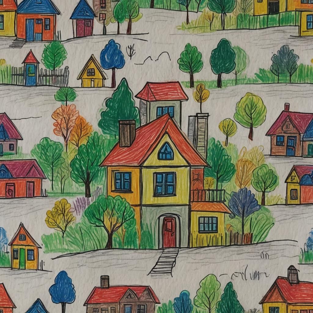 Childlike Crayon Drawing of a Simple House