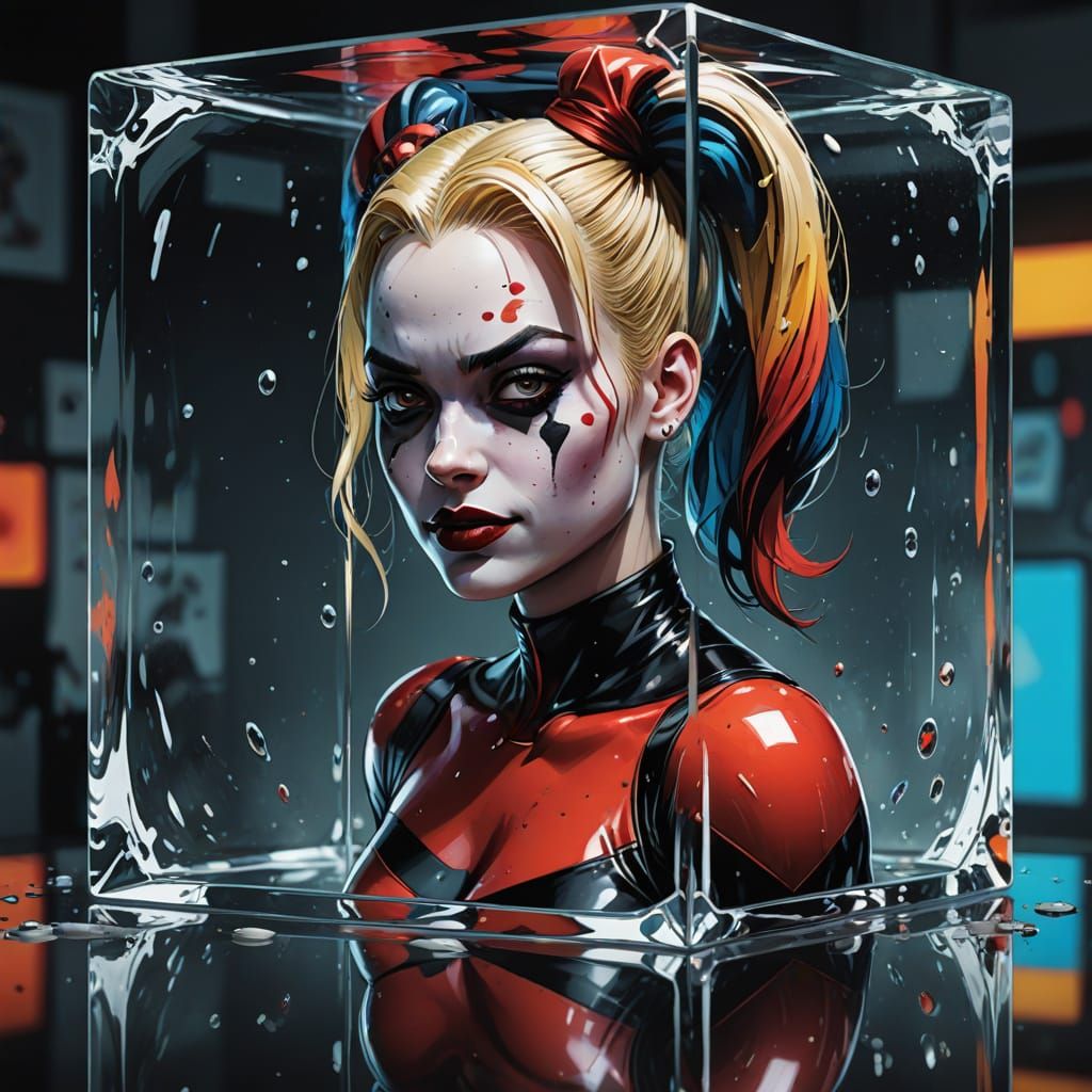 Harley Quinn in a Glass Cube, in Hyper-Realistic Comic Book ...