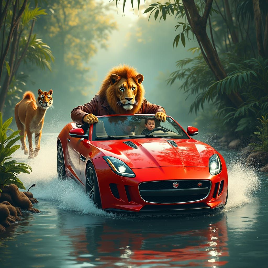 Lion's Refreshing River Bath in Realistic Style