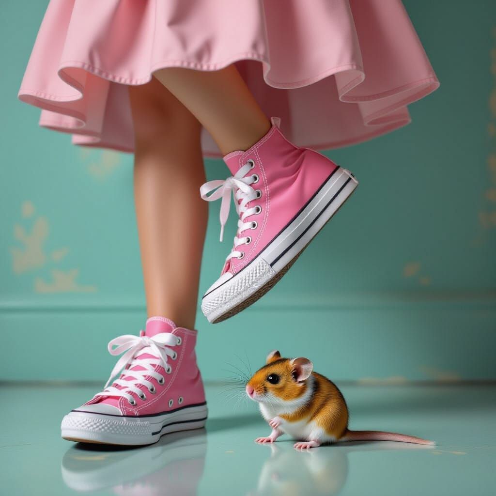 Barefoot Girl in Pink Sneakers Steps Over Hamster