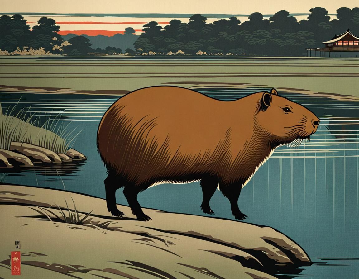 Capybara in Ukiyo-e Landscape with Bokashi