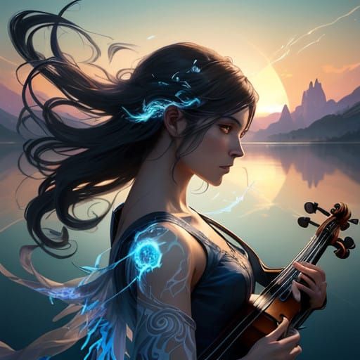 Surreal Goddess Plays Violin on Fiery White Flames