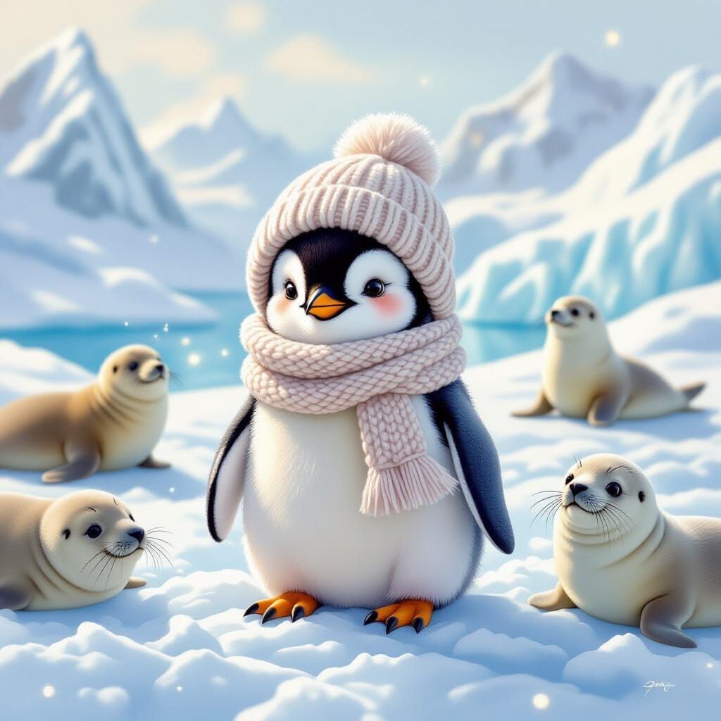 Baby Penguin on Glacier in Children's Illustration Style