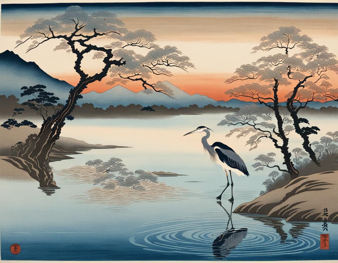 Japanese Landscape with Heron in Ukiyo-e Style