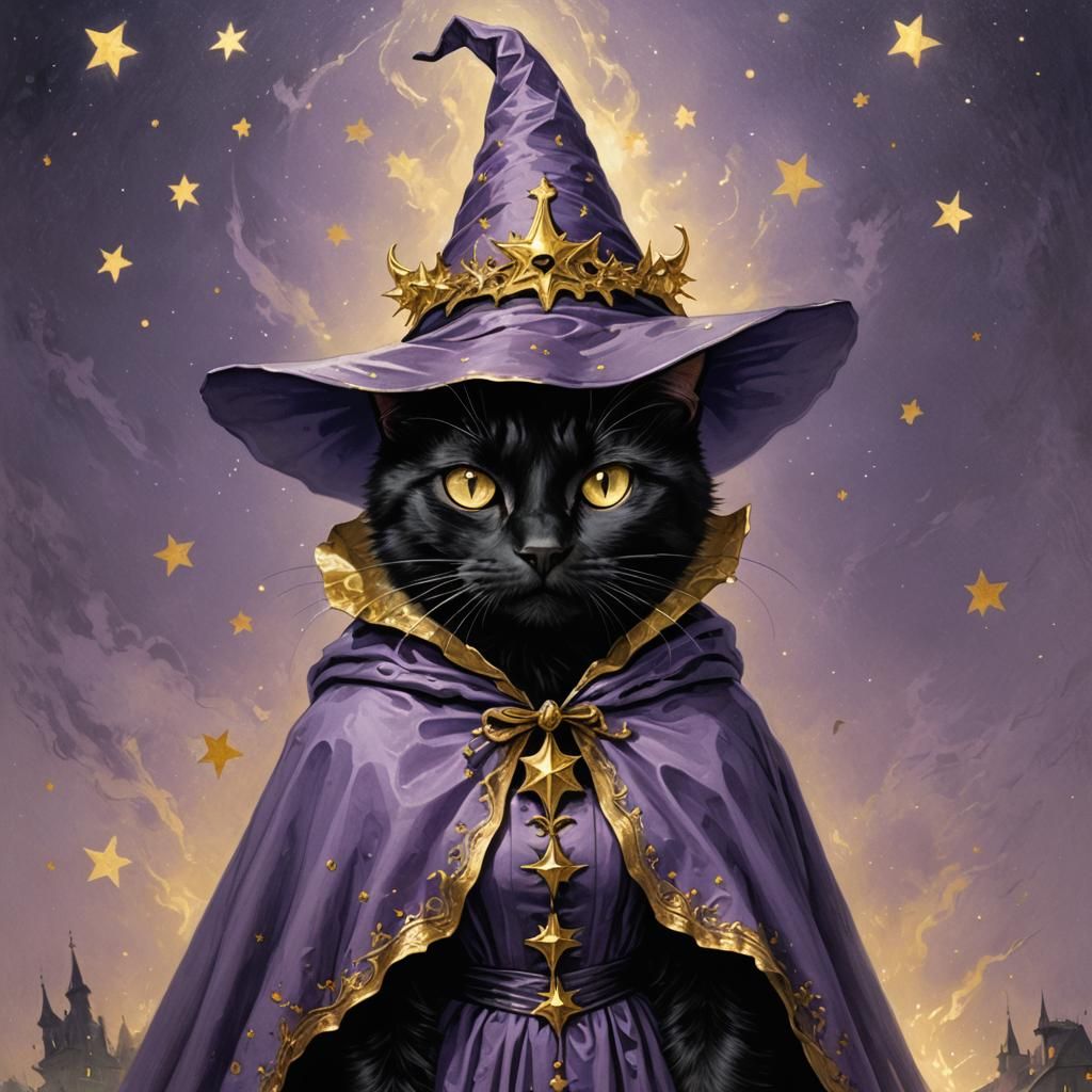 Black Cat in Witch Costume, Horror Illustration