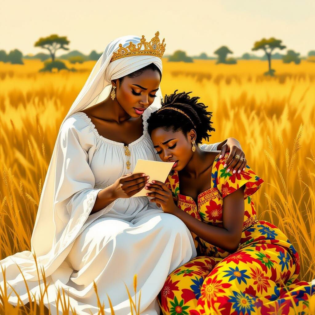 African Queen Comforts Crying Girl in Savannah Landscape