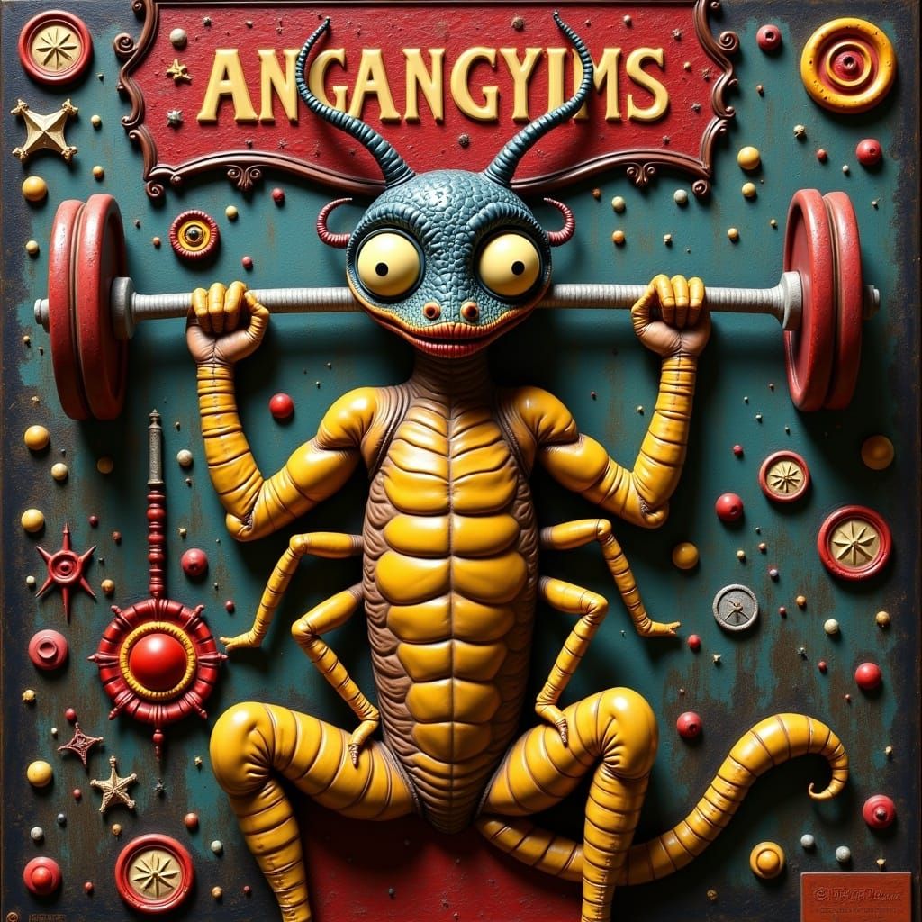 Vibrant Pop Surrealist Painting of Scorpion in Gym