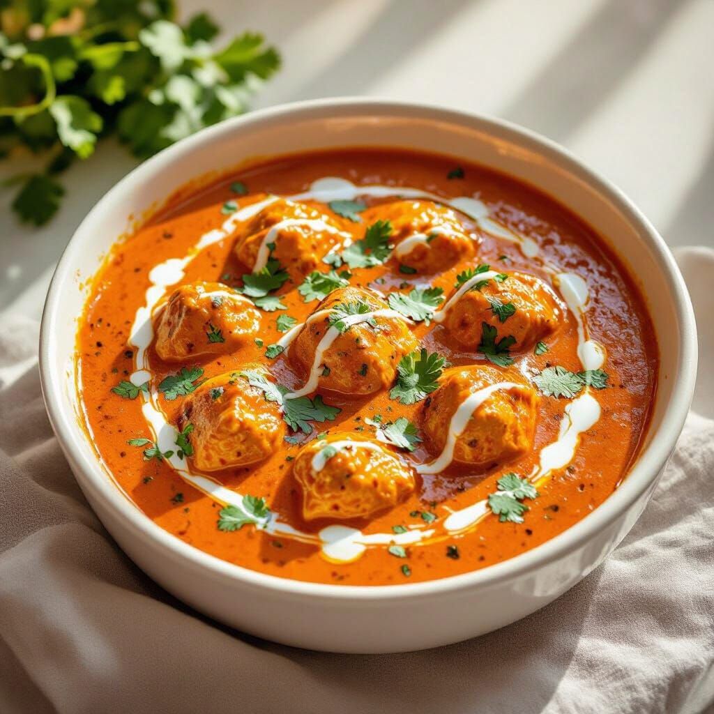 Photorealistic Indian Butter Chicken on White Dish