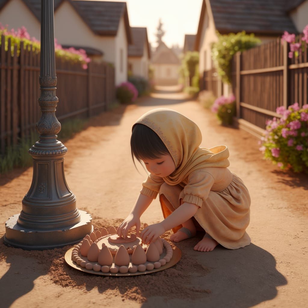 3D Anime Village Scene with Girl Crafting Cakes