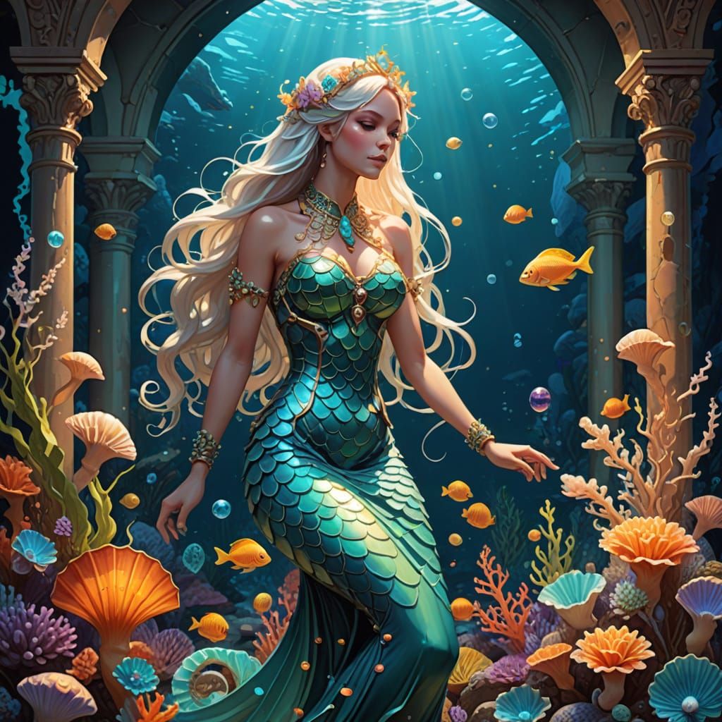 Mermaid Riding Bioluminescent Seahorse, Art Nouveau Style