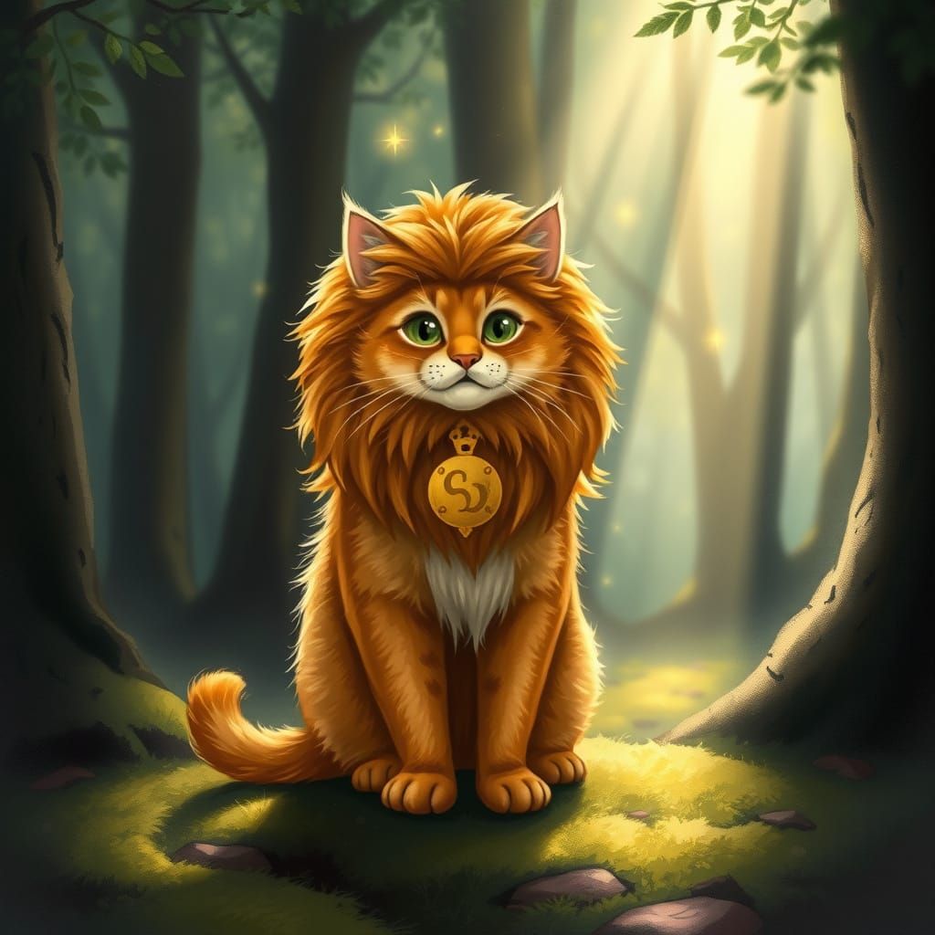Fluffy Cat Dressed as Regal Lion in Enchanted Forest