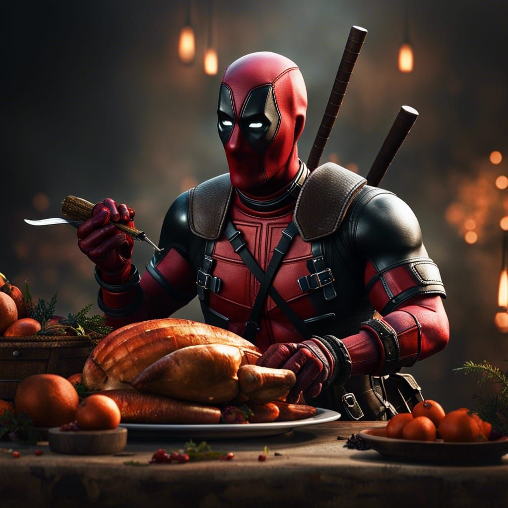 Deadpool Pilgrim Carving Turkey in Hyperrealistic Detail