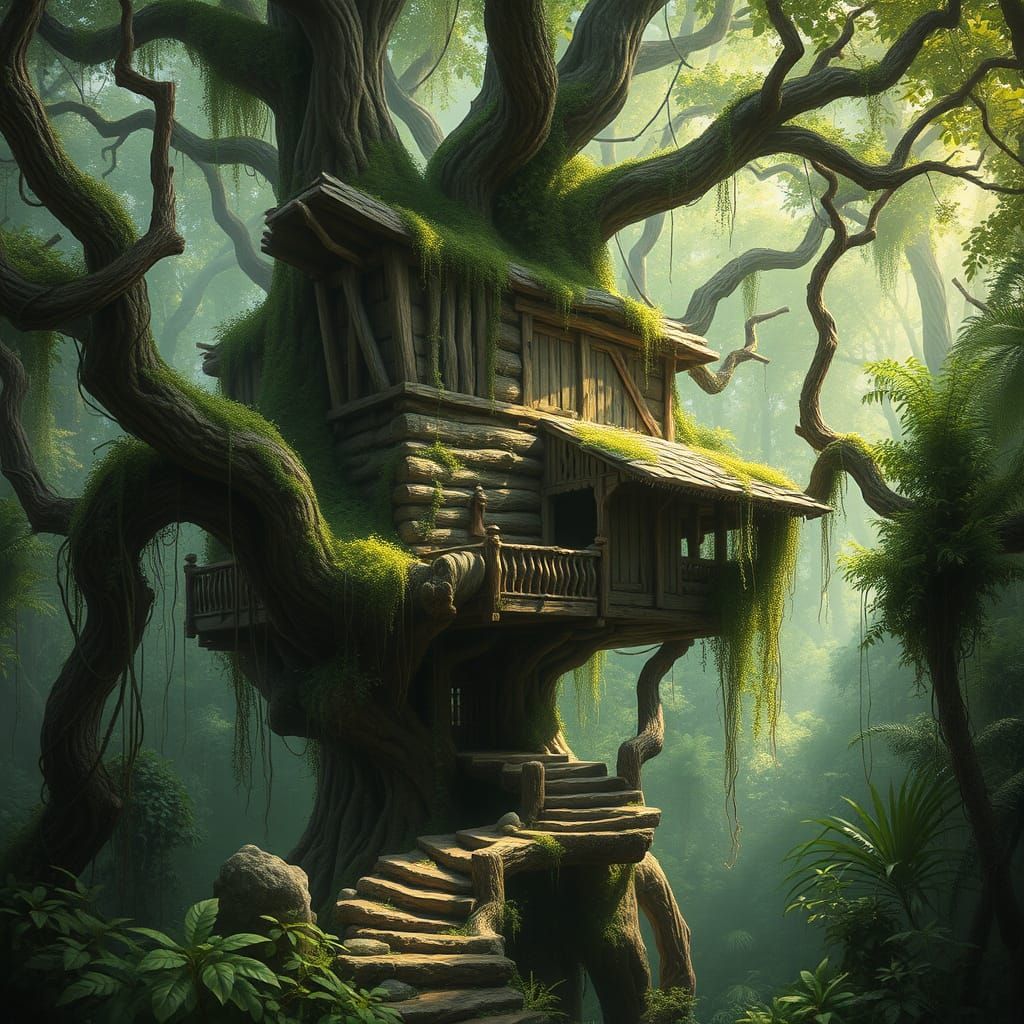 Mystical Jungle Treehouse: Hyperrealistic Digital Painting
