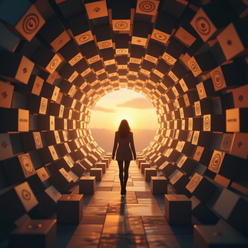 Woman Walks Through Hyperrealistic Cube Tunnel in Golden Hou...