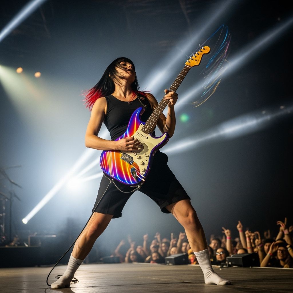 Female Guitarist Rocks Concert Stage with Vibrant Lights