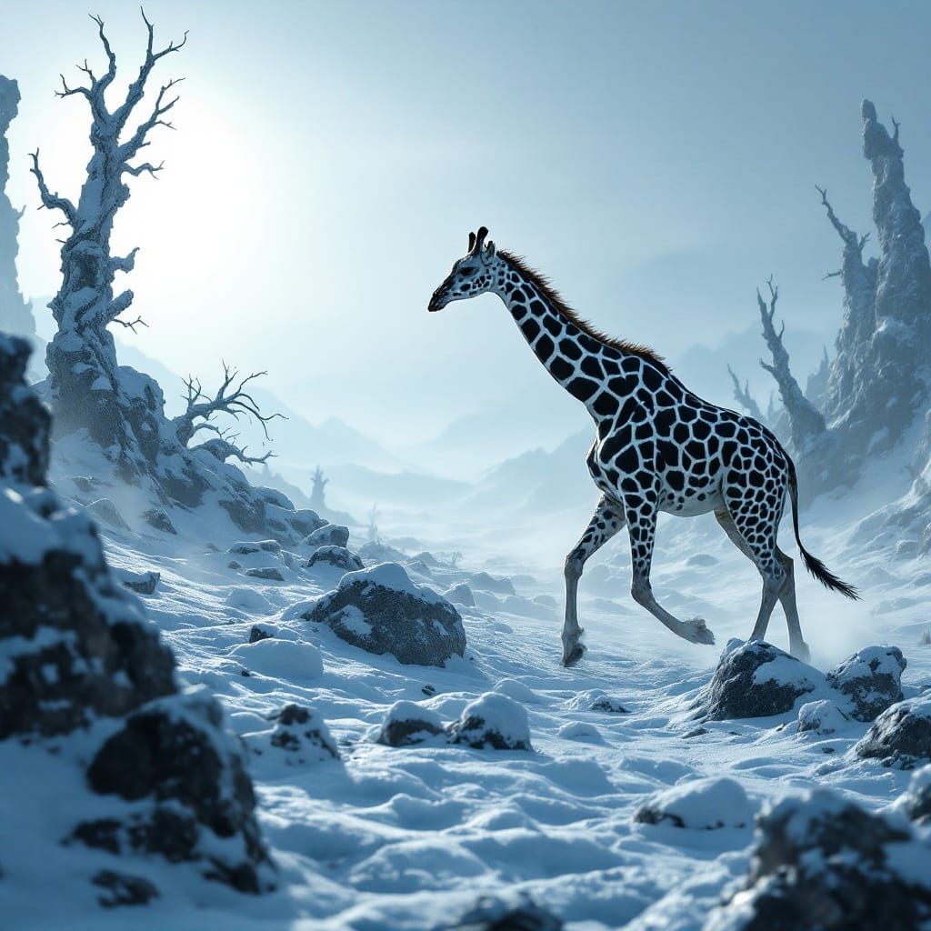 Frozen Polar Giraffe in an Icy Cyberpunk Landscape