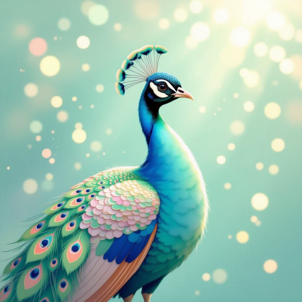Dreamy Pastel Peacock in Soft Light Rays