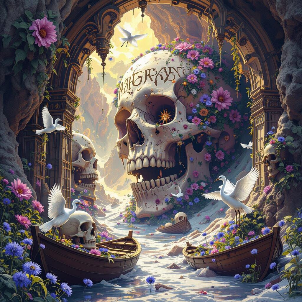 Dark Fantasy Concept Art with Celestial Flowers and Skulls