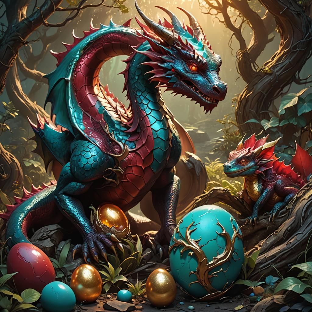 Loving Mother Dragon and Newborn: Fantasy Art
