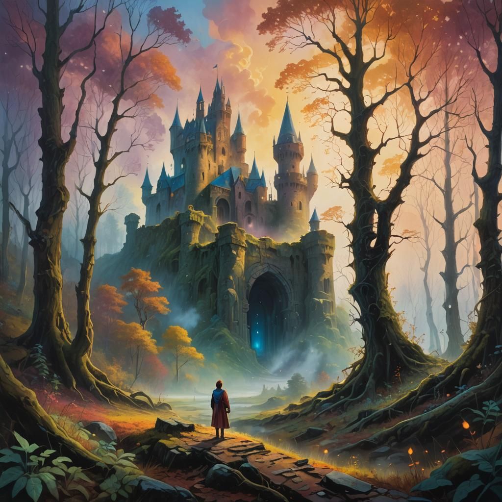 Mystical Forest Landscape with Ruined Castle