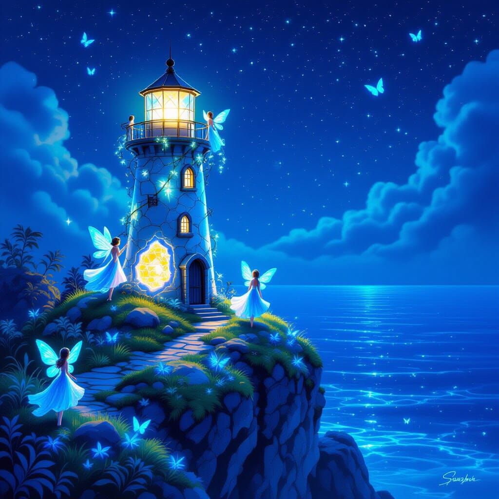 Fairy Lighthouse with Bioluminescent Vines and Geodes