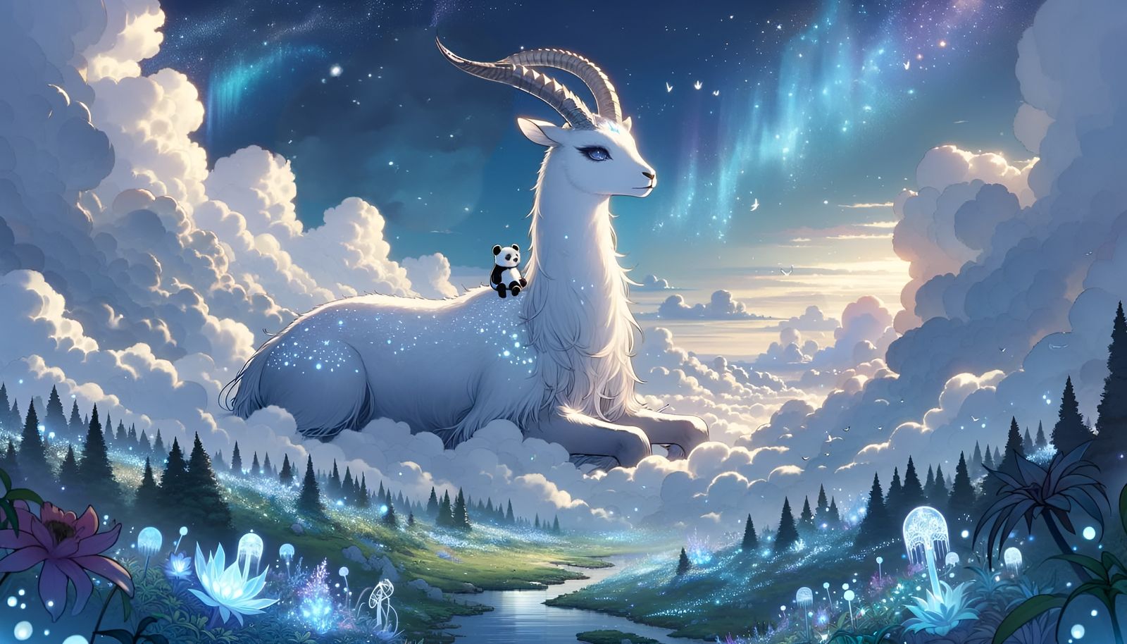 Giant Gazelle and Panda in Enchanted Landscape