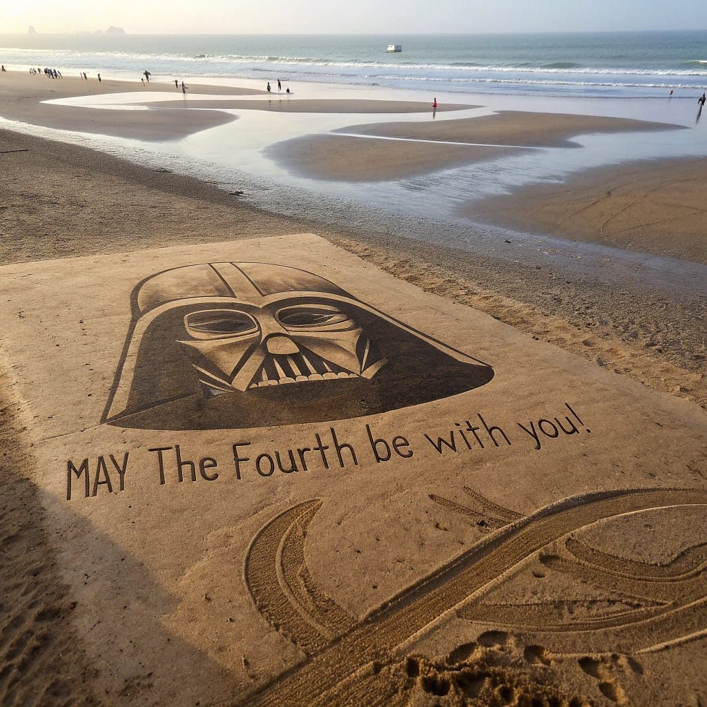 Surreal Sand Art Portrait of Darth Vader's Helmet on a Beach