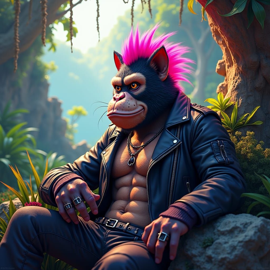 Punk Cat-Donkey Kong Hybrid in Lush Jungle