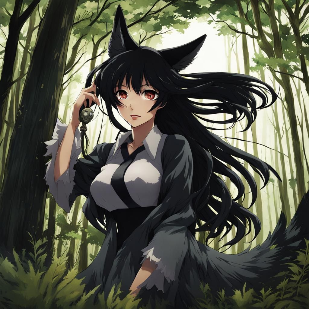 Anime Style Wolf Woman in Dark Forest
