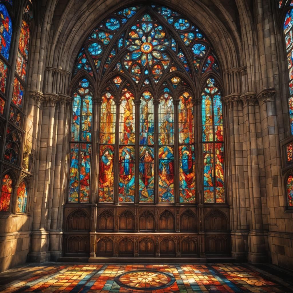 Gothic Stained Glass Window Art in Old Cathedral