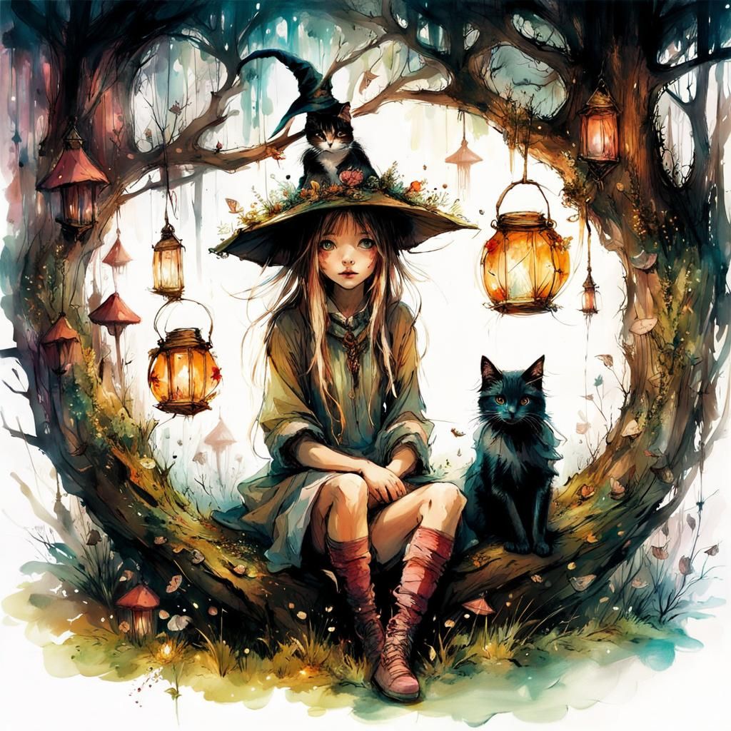 Whimsical Witch Girl and Cat by Magical Tree