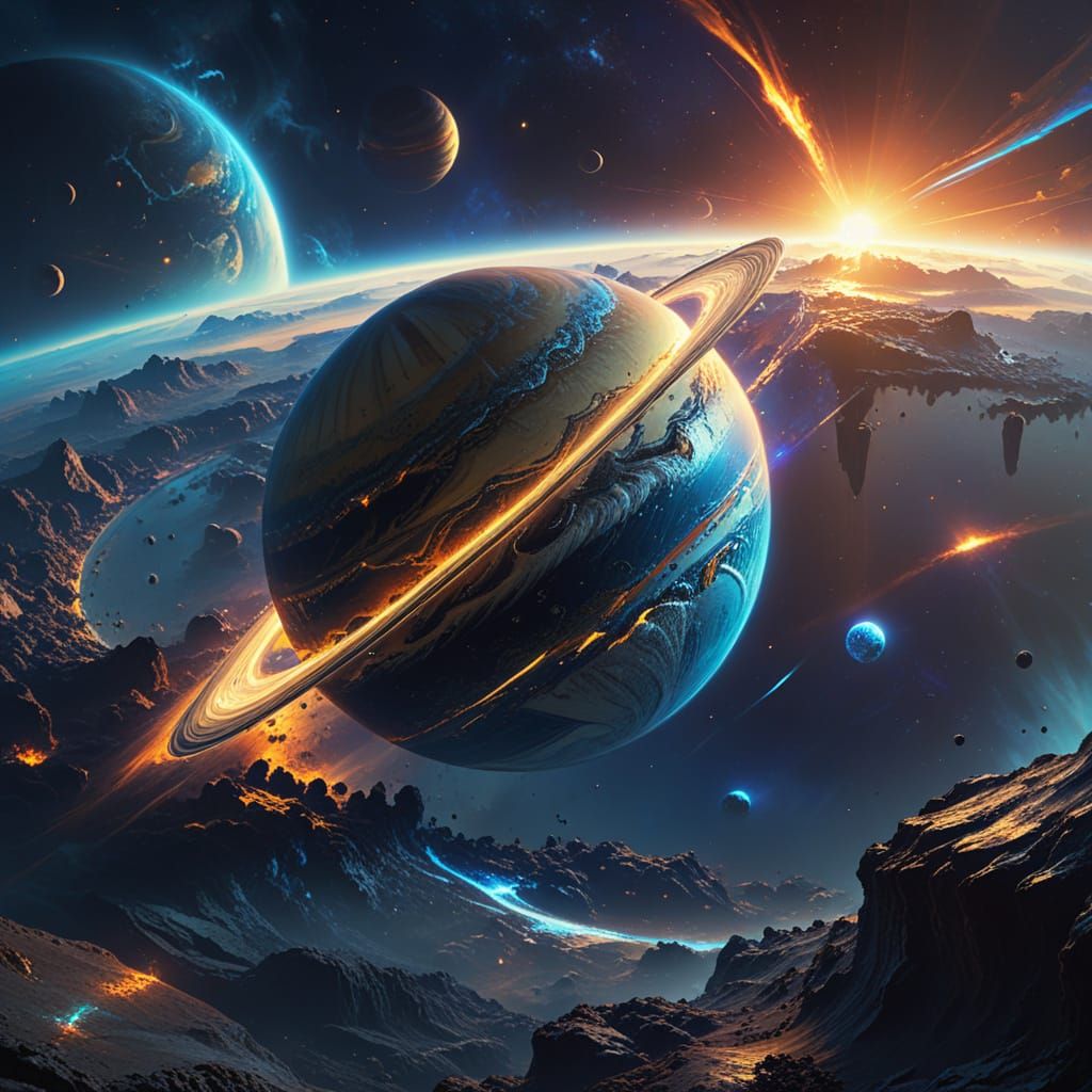 Earth with Rings: A Fantasy Oil Painting