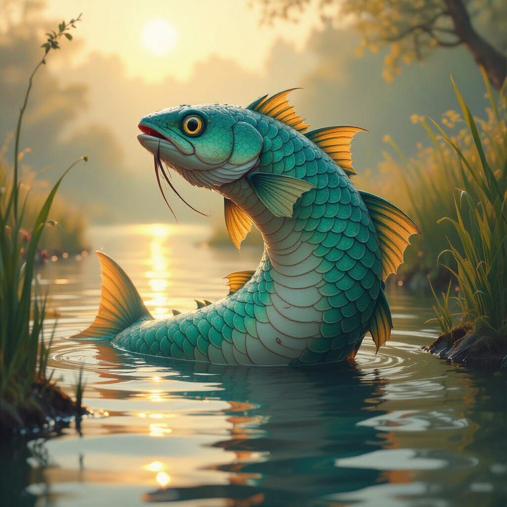 Serpent-Fish Hybrid in Serene Lake: Matte Painting